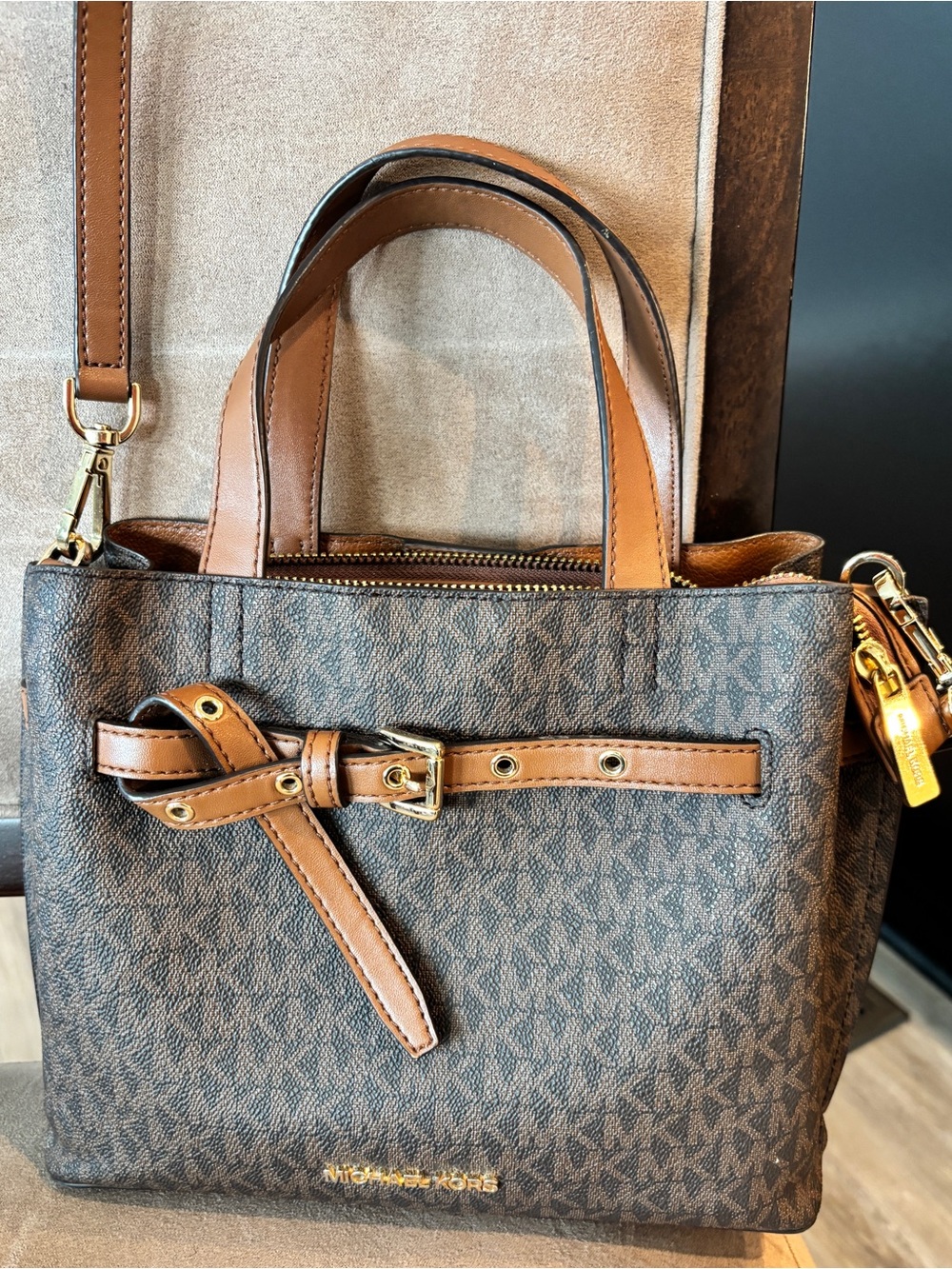 Michael Kors Brown/Tan MK Logo Satchel with Gold Hardware